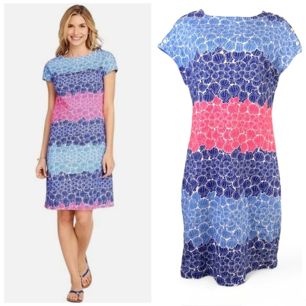 Talbots Size MEDIUM Blue Pink Color Block Seashell Beach Dress Cotton Coastal